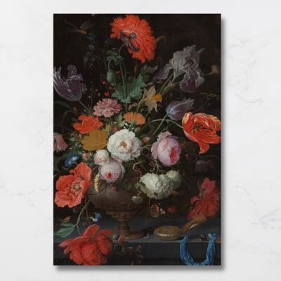 Wandbild Stilleben mit Blumen und einer Uhr