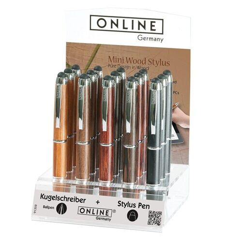 ONLINE 15x Kugelschreiber Mini Wood Stylus im Display | kleiner Kugelschreiber aus Holz |  mit Stylus Tip | austauschbare D1 Mine