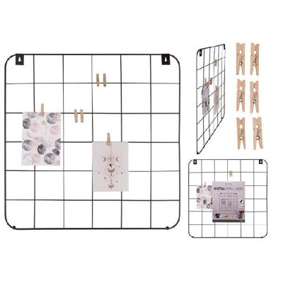 Grille murale en métal avec 6 clips en bois, environ 48 x 48 cm
