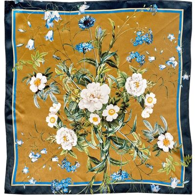 Foulard en soie - Jardin Fleuri Bleu JL - Doré 90 cm