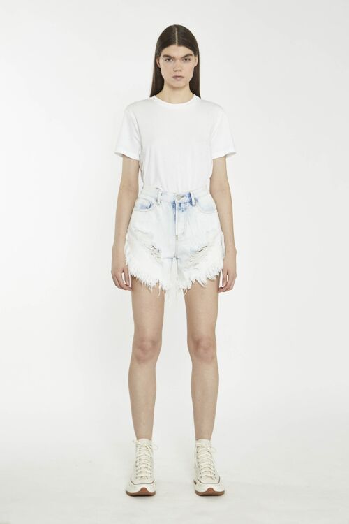 CURVED HEM FRAYED DENIM SHORTSBLEACH ACID