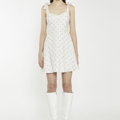 MINI DRESS WITH BUST CUPS & TIE STRAPS CREAM PINK STEM FLOWER
