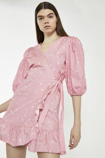 ROBE PORTEFEUILLE À VOLANTS ET MANCHES BOUFFANTES ROSE FLORAL 3