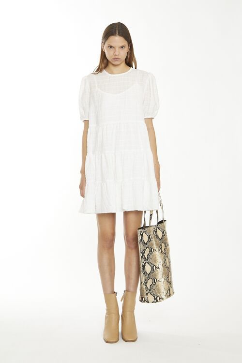 SMOCK MINI DRESS WITH PUFF SLEEVES WHITE TEXTURED CHECK