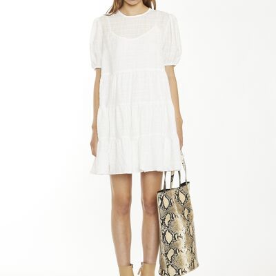 SMOCK MINI DRESS WITH PUFF SLEEVES WHITE TEXTURED CHECK
