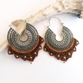 Boucles d'oreilles MANDALA - Macramé - argentées / Camel 6