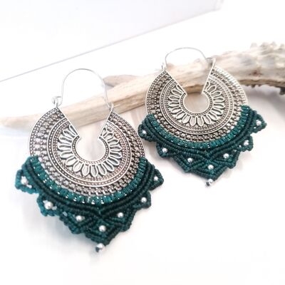 Boucles d'oreilles MANDALA - Macramé - argentées / Emeraude