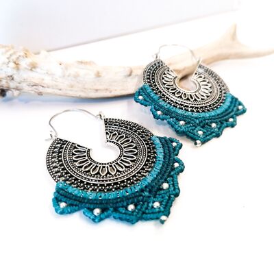 Boucles d'oreilles MANDALA - Macramé - argentées / Turquoise