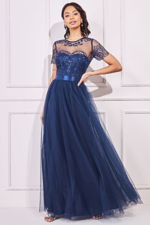 GODDIVA EMBROIDERED MESH WITH PLAIN MESH MAXI DRESS DR3584