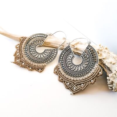 MANDALA earrings - Macramé - silver / Beige
