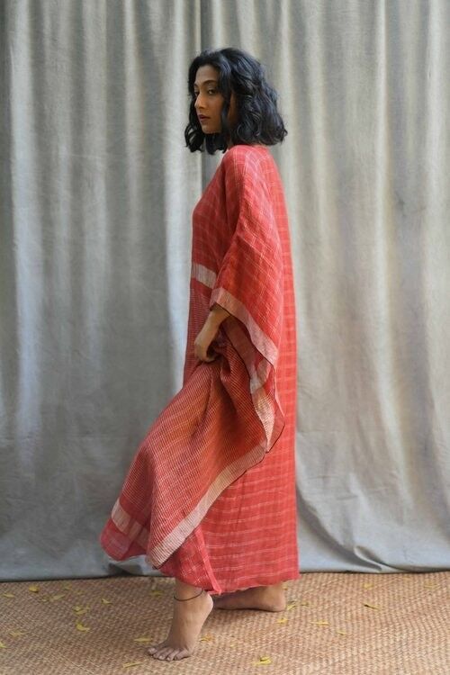 Long Linen Striped Kaftan Dress - Brick Red