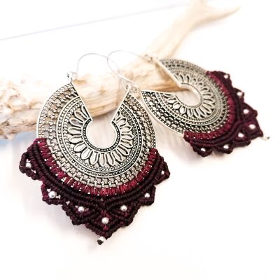 Boucles d'oreilles MANDALA - Macramé - argentées / Black Cherry