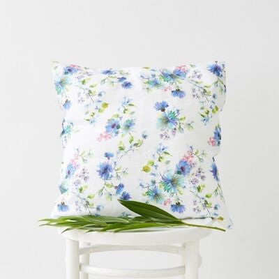 Housse de coussin en lin fleurs blanches