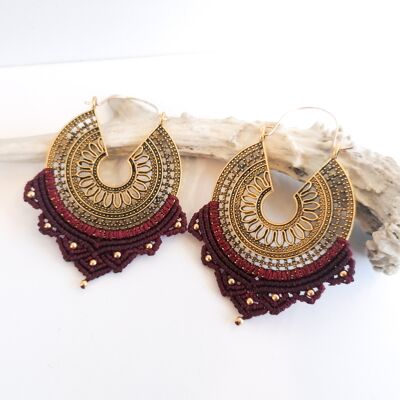 Boucles d'oreilles MANDALA - Macramé - dorées / Burgundy