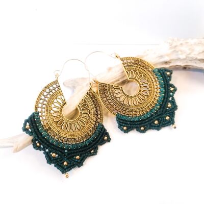 MANDALA earrings - Macramé - golden / Emerald