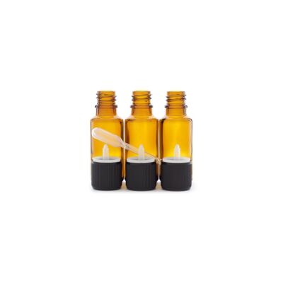 3 flacons de 20ml en verre ambré DIN 18 avec bouchons codigouttes