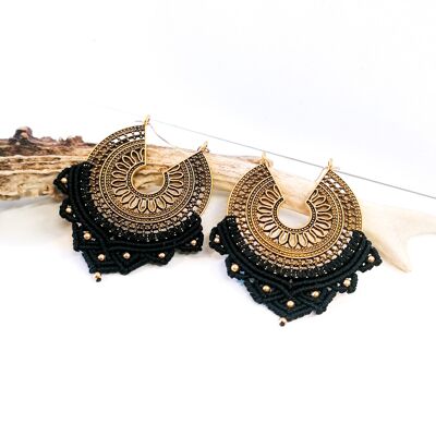 Boucles d'oreilles MANDALA - Macramé - dorées / Noir