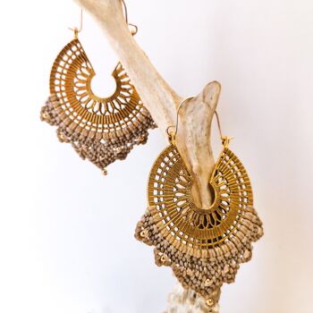 Boucles d'oreilles MANDALA - Macramé - dorées / Beige 6