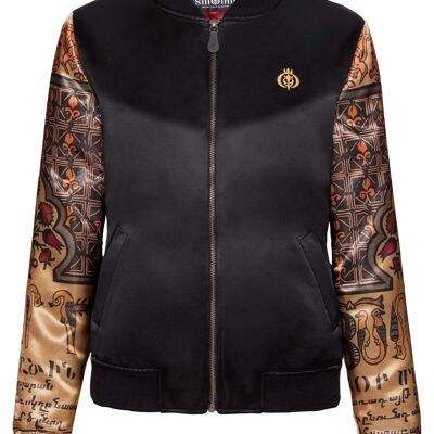 Embroidered women's satin bomber jacket with sleeve print