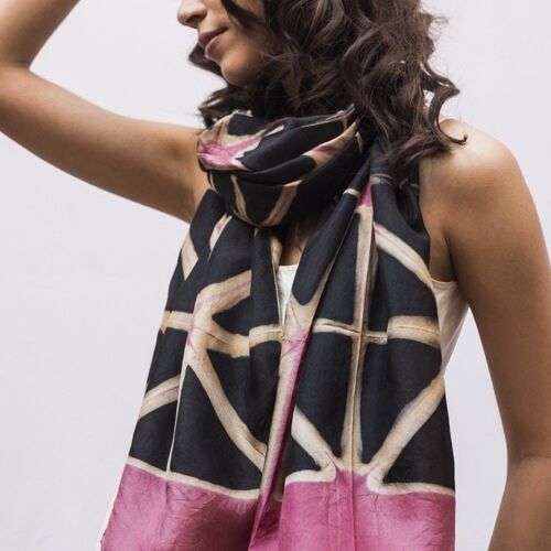 Shibori Print Tie - Dye  Silk Scarf -Pink Cosmos/Charcoal