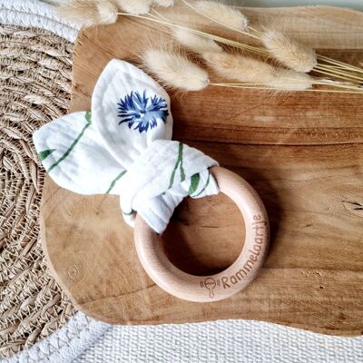 Wooden teething ring with soft rabbit ears 15cm - White with Flower