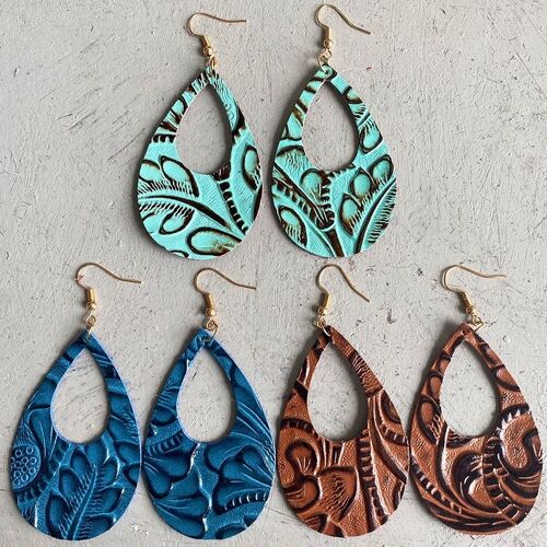 Classic Drop Shape Hollow Texture Vintage Leather Embossed Earrings