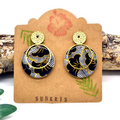 Wax earrings in wood and resin paper black gold wedding flower