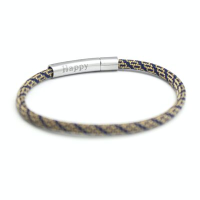 Bracciale in corda blu e beige - incisione HAPPY