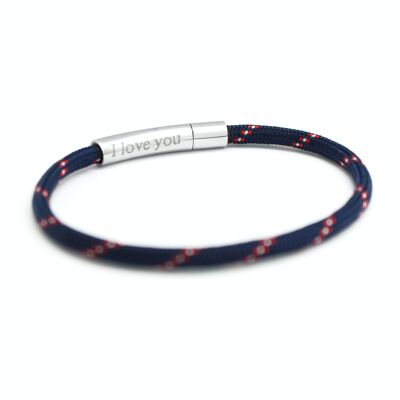 Bracciale in corda blu navy e acciaio rosso - incisione I LOVE YOU