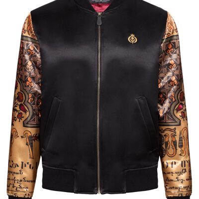 Embroidered men's satin bomber jacket with sleeve print