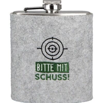 Stainless steel/felt hip flask "Please with shot!" PU 3
