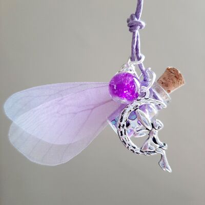 Mélusine Fairy Long Necklace with Glass Vial, Pearl & Wings