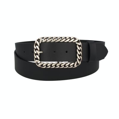 Belt Women Leather Invecchiato Chain Buckle Black