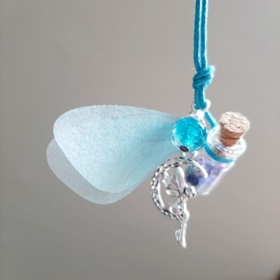 Collar largo de hada de Ondine con frasco de vidrio, perla y alas