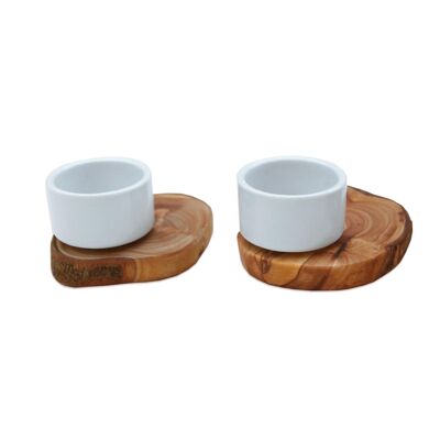 Set of 5 egg cups FLORENCE made of porcelain on a rustic olive wood base
