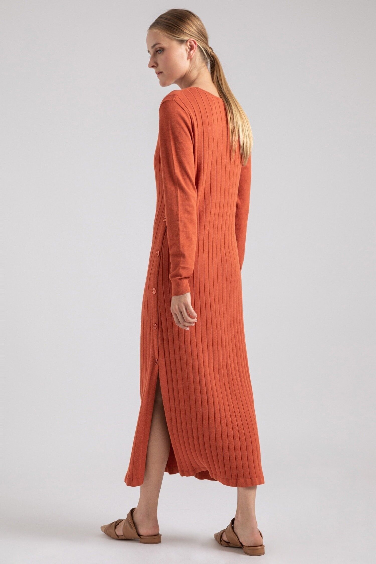 Buy wholesale ribbed fine knit long dress with side buttons