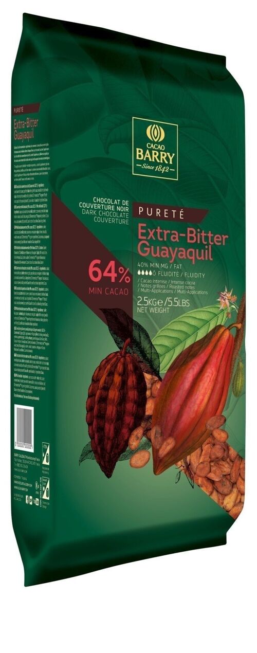CACAO BARRY - CHOCOLAT DE COUVERTURE NOIR - EXTRA- BITTER GUAYAQUIL 64% CACAO - 2.5KG EN PLAQUE