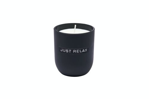 Candle jar Matt black fresh linen 'Just Relax'