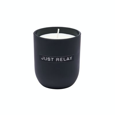 Candle jar Matt black fresh linen 'Just Relax'