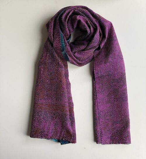Upcycled Kantha Silk Sari Scarf - Dark Purple/Blue