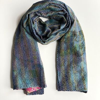 Foulard Kantha Sari fleuri rose et bleu