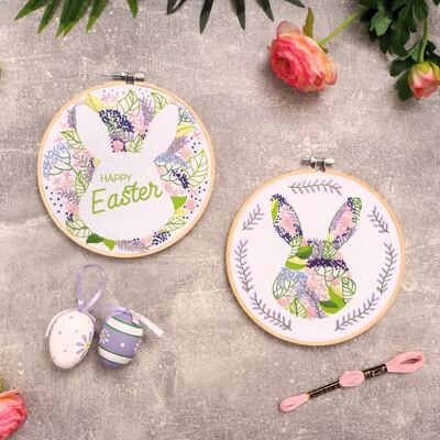 DIY Embroidery Set, Bright Floral Bunny Easter Embroidery Hoop Art, 17,8 cm Ø