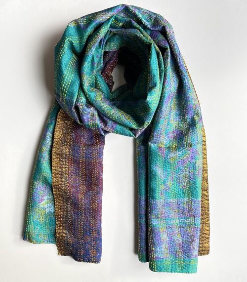 Embroidered Kantha Sari Scarf - Navy/Purple/Green