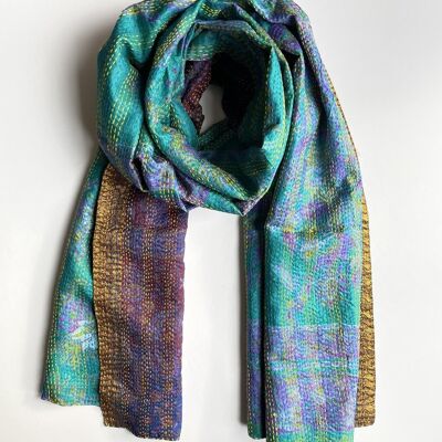 Embroidered Kantha Sari Scarf - Navy/Purple/Green