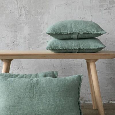 Linen Cushion Cover Spa Green Rustic Fringe