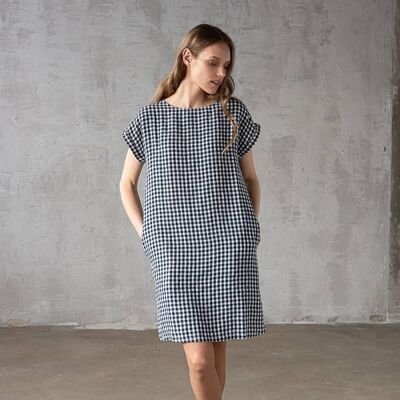 Linen Dress Navy White Check Alice