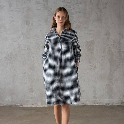 Linen Dress Navy White Check Camilla