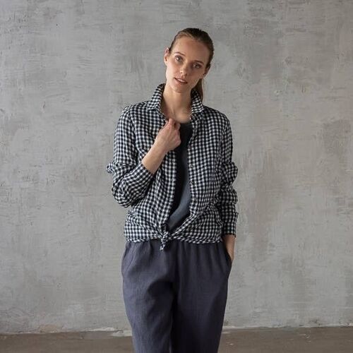 Linen Shirt Navy White Check Ernesto