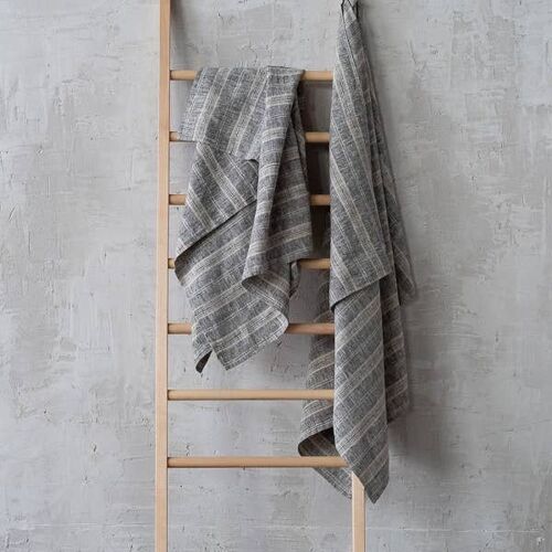 Linen Bath Towel Black Natural Multistripe