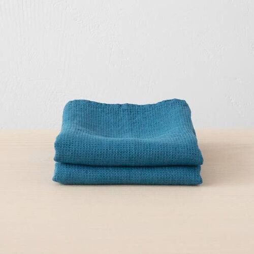 Linen Hand Towels Sea Blue Washed Waffle 